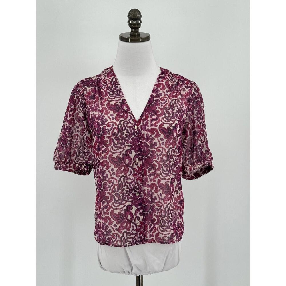 Morgan de Toi Purple Paisley Short Puff Sleeve Blouse Top Sz 34 US S